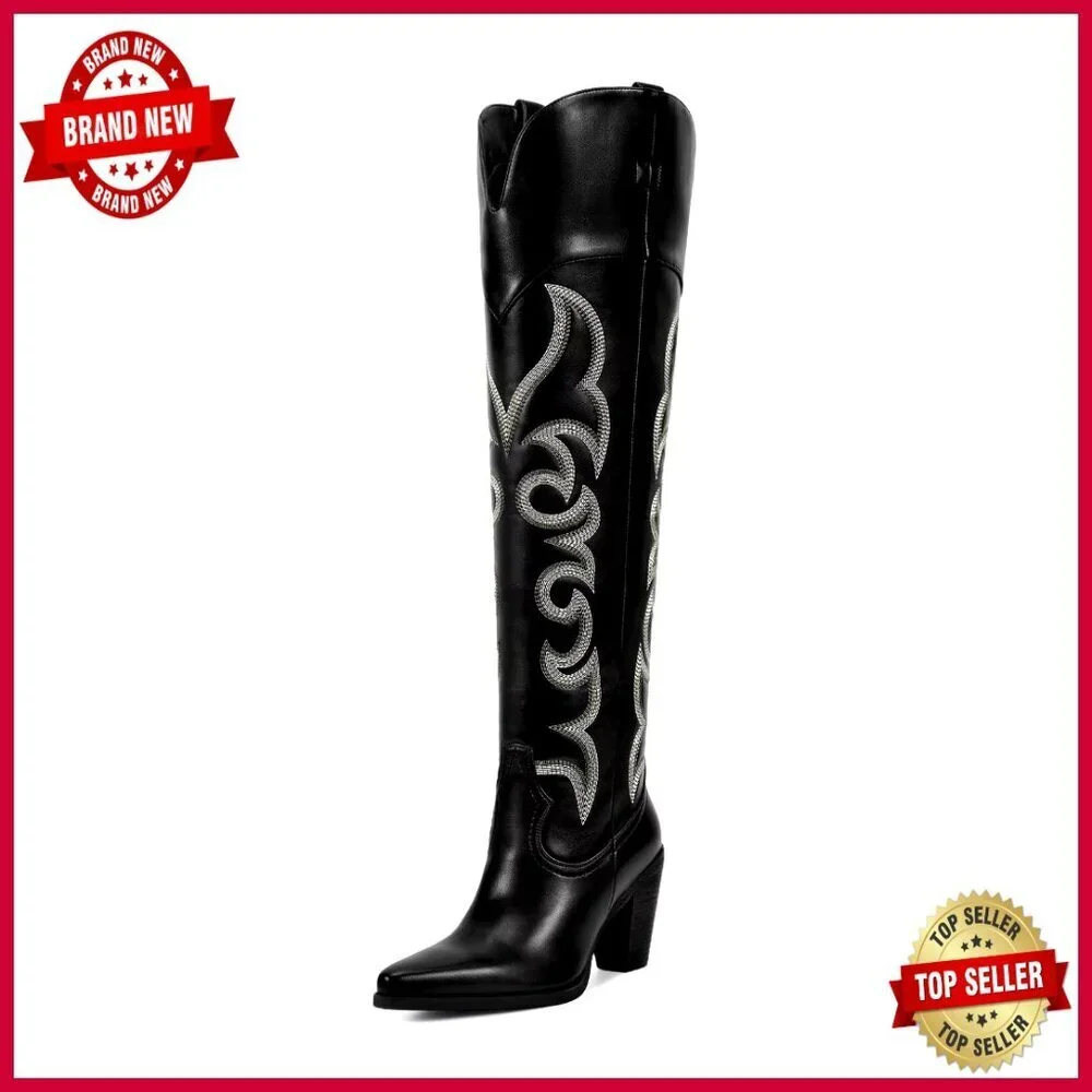Knee High Western Boots Chunky Heel Elegant Retro Stylish Cowgirl Fashion